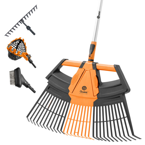 Greblă evantai, greblă metalică, coadă telescopică, culegător de fructe, perie pentru pavaj – Sistem de grădină QUEST