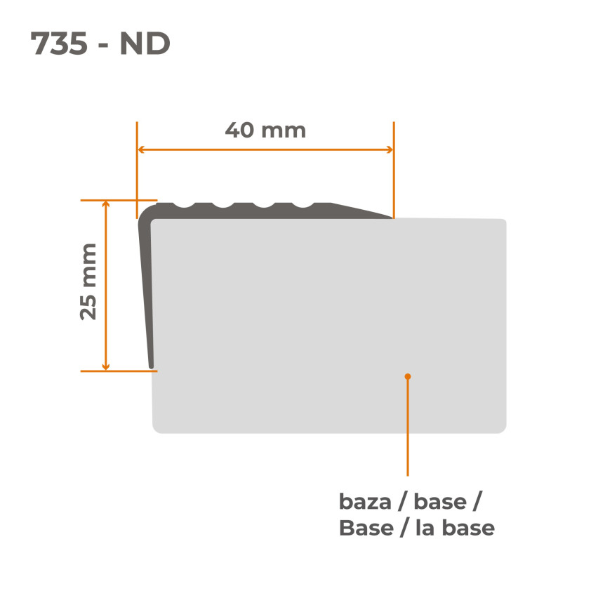 Profil pentru scări, autoadeziv, PVC, plastic, profil antiderapant, profil unghiular, 40x25mm, gri