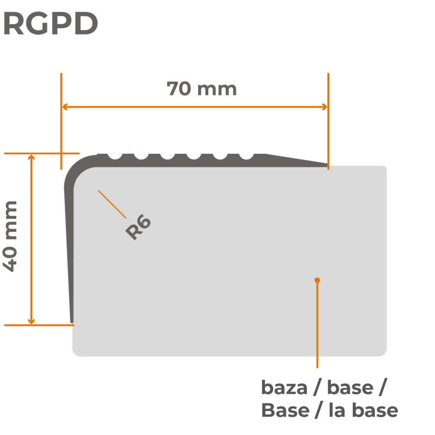 Profil antiderapant pentru scări 70x40mm, 150cm, gri