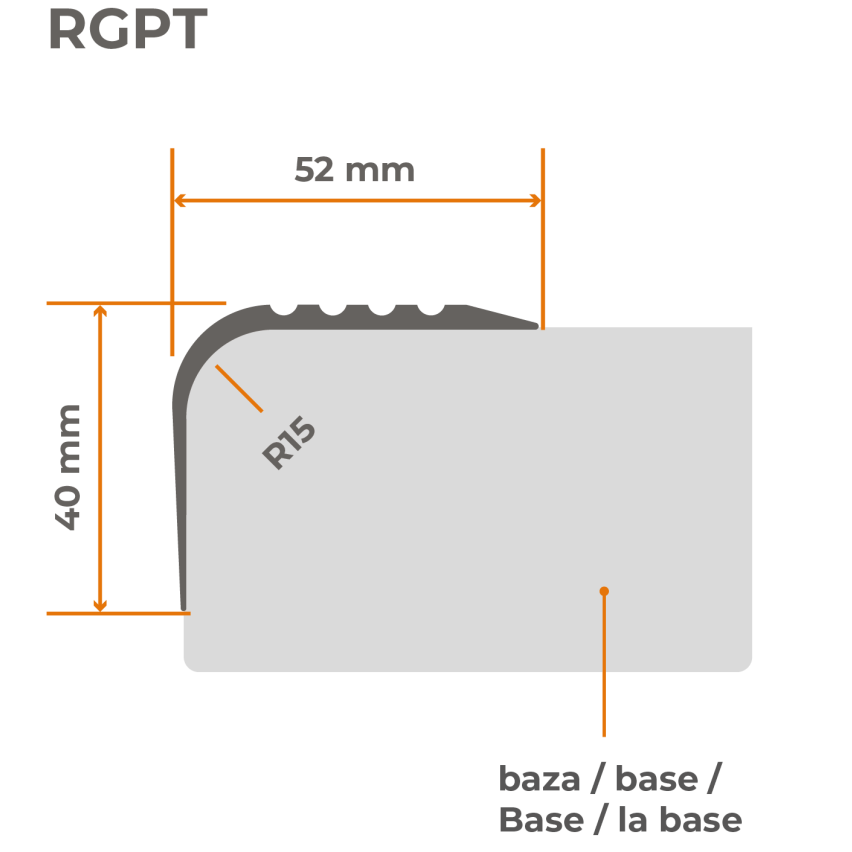 Profil antiderapant pentru scări cu adeziv, 52x40mm, negru, 