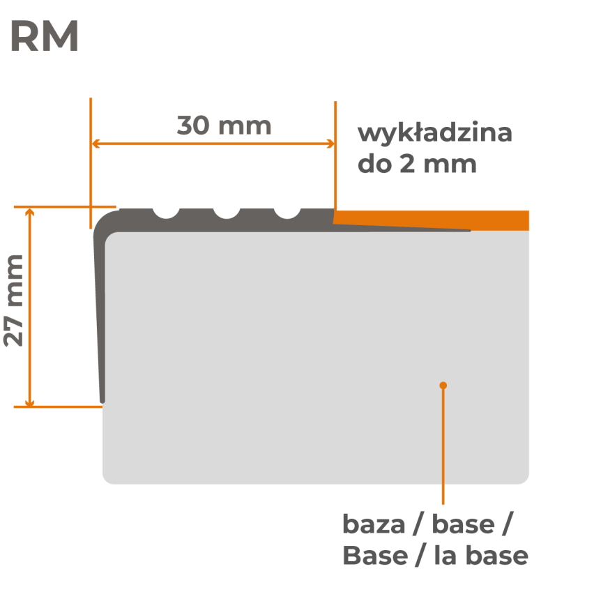 Profil antiderapant pentru scări cu adeziv, 30x27mm, gri