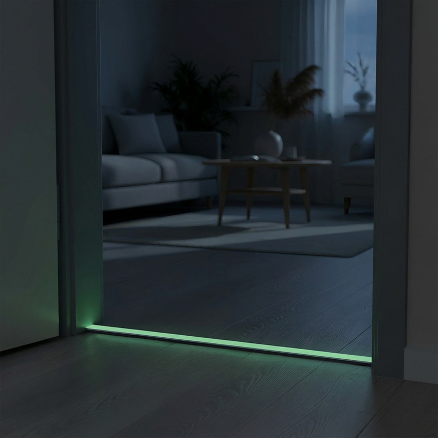 Profile PVC fotoluminiscente autoadezive, bandă de siguranță care luminează în întuneric, alb, 30 mm, 5 m