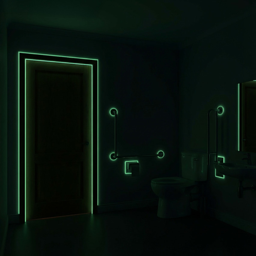 Profile PVC fotoluminiscente autoadezive, bandă de siguranță care luminează în întuneric, alb, 30 mm, 5 m