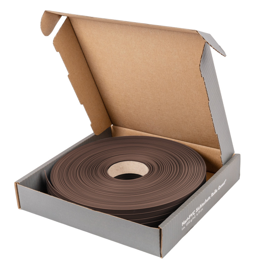 Bandă de gard din PVC – fâșie îngustă și verticală pentru garduri din panouri, potrivită pentru reliefuri, 900 g/m², maro RAL 8017